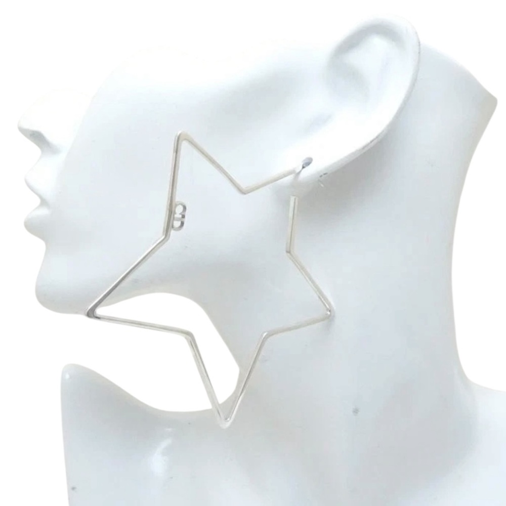 AUTH VTG Christian Dior Sterling .925 Silver Large Star CD Logo Hoop Earrings